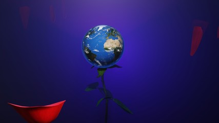 A rose with flying petals that move away from the centre revealing the plane Earth globe inside the flower, with beautiful colorful fog background - 3D illustration