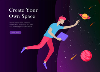 landing page template. Inspired People flying. Create your own spase. Character moving and floating in dreams, imagination and freedom inspiration design work. Flat design style