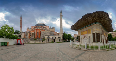 ISTANBUL, TURKEY - MAY 25, 2018 Hagia Sophia with The fountain of sultan Ahmed III, Istanbul , Turkey