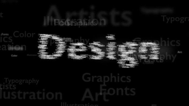 Black background with different words, which deal with design. Close up. Copy space. 3D. Animatiom. 4K.