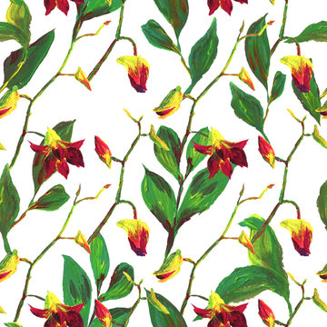 tropical seamless exotic floral fashion pattern - acrylic painted orchid flower