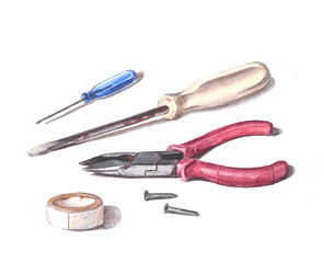 Screwdrivers, pliers, electrical tape, nails isolated on white. Watercolor illustration