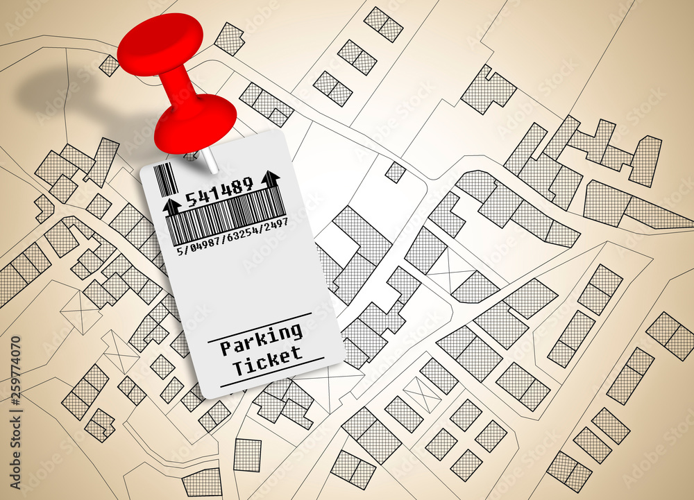 Poster parking in the streets of our cities - concept image with an imaginary city map with a parking ticke