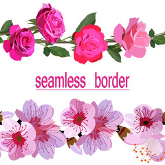two seamless borders of bright pink roses and delicate spring flowers isolated on white background