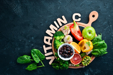 Fruits and vegetables that contain vitamin C: Orange, lemon, apple, roses, garlic, broccoli, apple,...