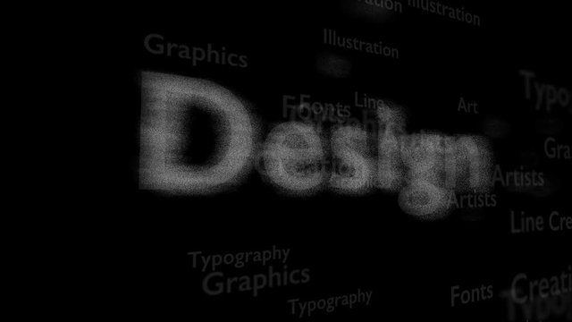 Black background with different words, which deal with design. Close up. Copy space. 3D. Animatiom. 4K.