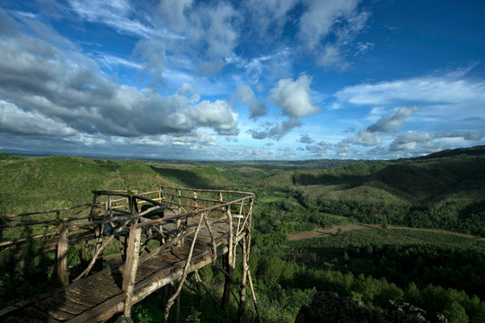Wooden lookout over mountains, Yogyakarta, Java, Indonesia