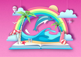 Open fairy tale book with dolphin and tropic beach landscape. Cut out paper art style design © annbozhko