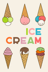 Colored signboard with a tasty ice cream corns and text title
