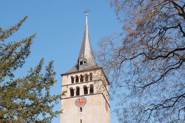 St. Martin's church near Klostersee lake, Sindelfingen, Germany. Beautiful old antient church tower. Spring trees. No people Scenic view - 259776819