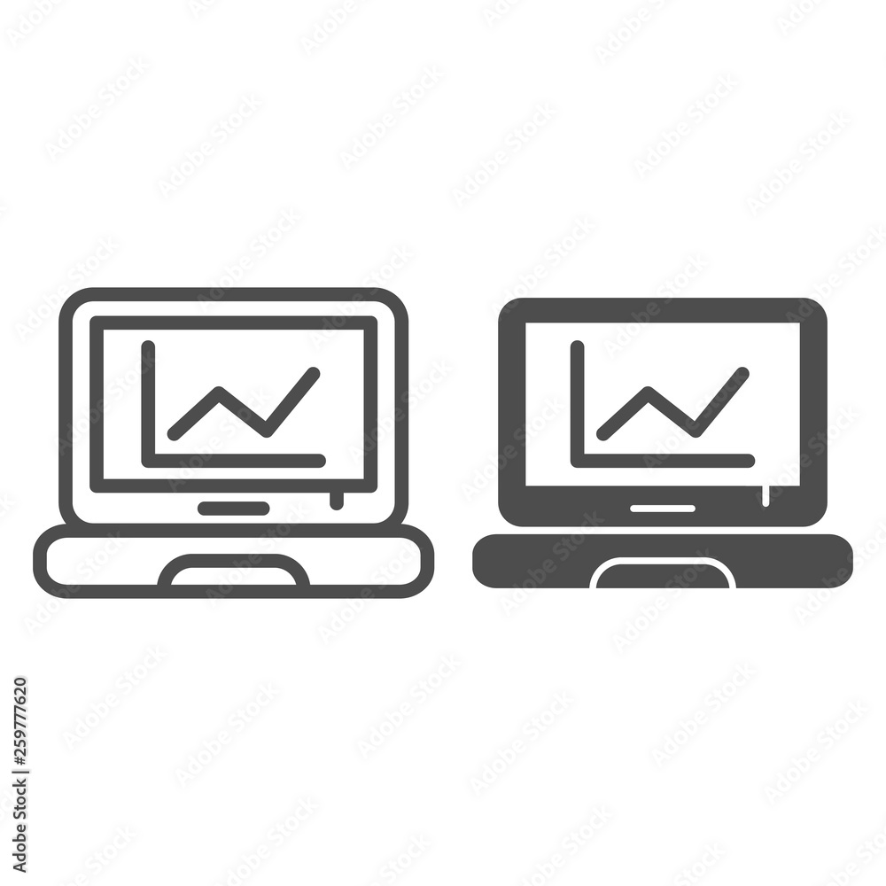 Poster chart on laptop line and glyph icon. computer diagram vector illustration isolated on white. graph o