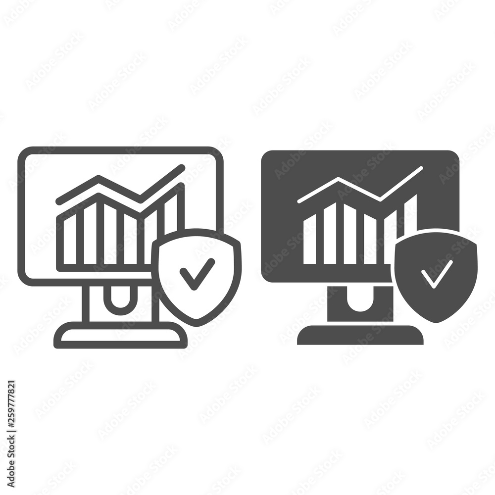 Poster monitor with graph and checkmark line and glyph icon. diagram on computer vector illustration isolat