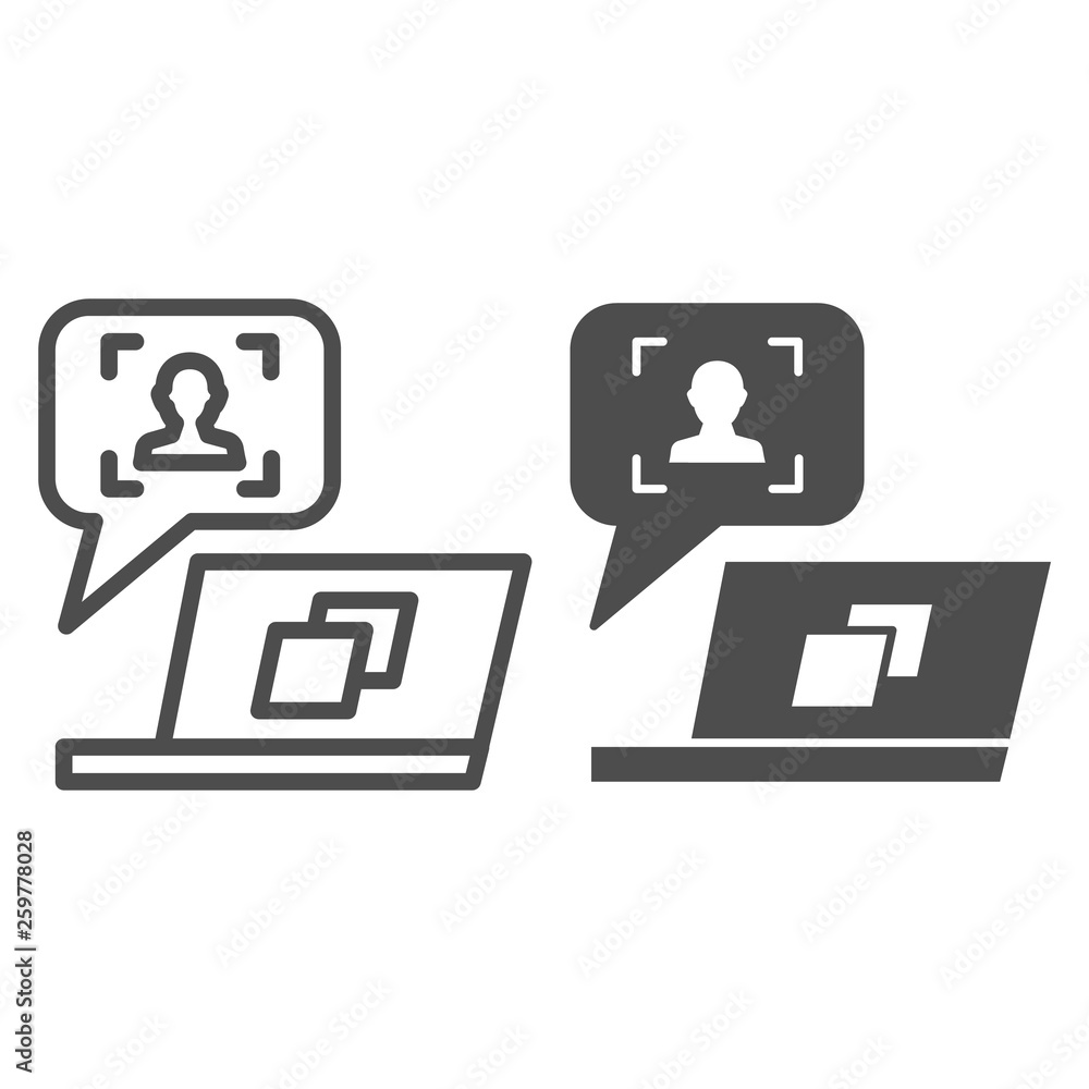Poster user message on laptop line and glyph icon. feedback customer vector illustration isolated on white.
