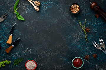 Fototapeta na wymiar The background of cooking. Top view. Banner Free space for your text. Rustic style.