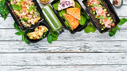 Delivery of dishes. Dietary nutrition. Top view. Free copy space.
