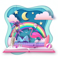 Open fairy tale book with flamingo and tropic beach landscape. Cut out paper art style design