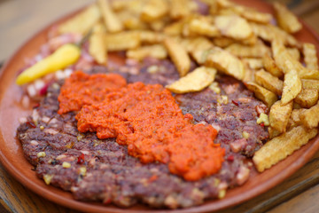 Traditional serbian grilled dish of spiced meat patty mixture of pork, beef