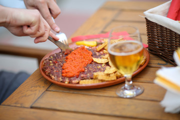Traditional serbian grilled dish of spiced meat patty mixture of pork, beef