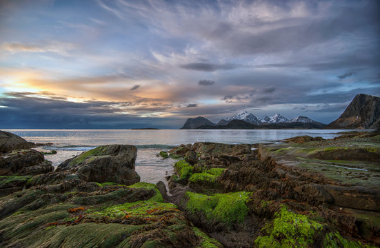 Sunset view from Stor Sandnes, Lofoten, Nordland, Norway