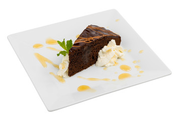Chocolate cake on plate isolated on white background