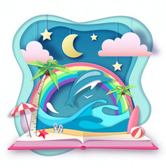 Fototapeta na wymiar Open fairy tale book with dolphin and tropic beach landscape. Cut out paper art style design