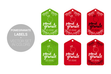 Pomegranate fruit Natural store labels set in green, red colors. Cartoon Advertising hundred percent organic Stickers. fruit Badges with Hand drawn pomegranate with Eco leaves ready for web and Print