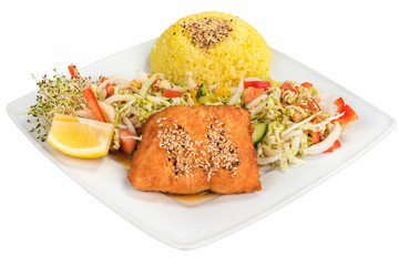 Salmon teriyaki served on white plate