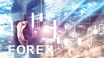 Forex trading, financial candle chart and graphs on blurred business center background.