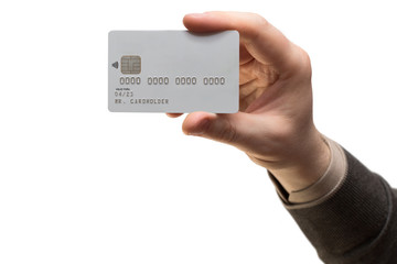 Man hand holds white credit card on white background