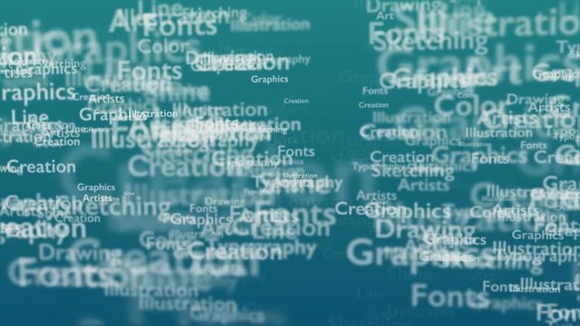 Light blue background with different words, which deal with design. Close up. Copy space. 3D. Animatiom. 4K.