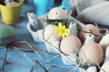 Eggs, quail, easter decor on a blue wooden table, top view