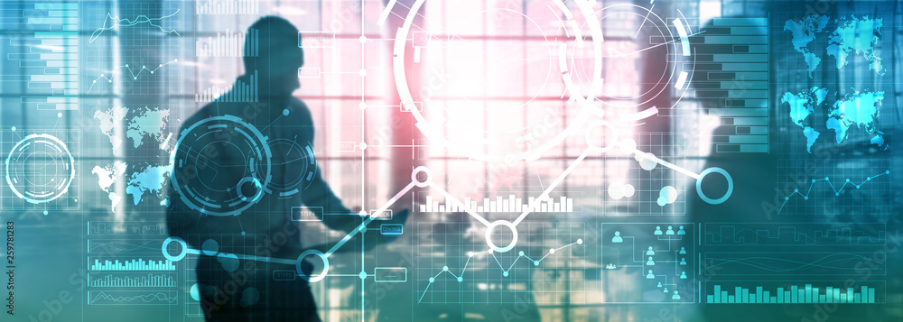 Aufkleber business interface mixed media double exposure financial chart graph diagram and icon on virtual scr