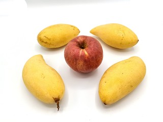 Apples and mango are collected from the farm, sold at vegetable shops.