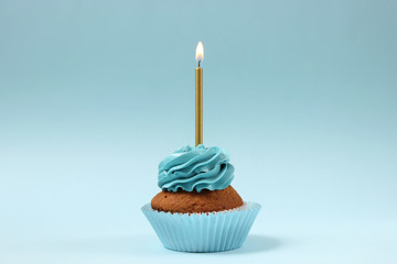  Delicious cupcake with a candle on a colored background with space to insert text. Festive...