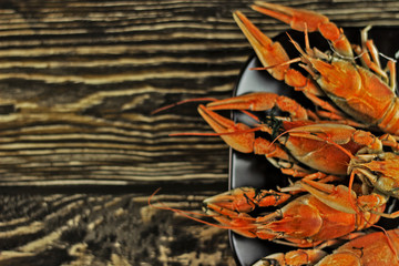 Boiled crayfish on a rough wooden background