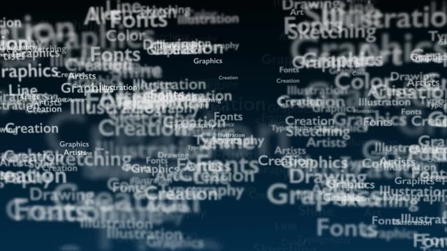 Deep blue background with different words, which deal with design. Close up. Copy space. 3D. Animatiom. 4K.
