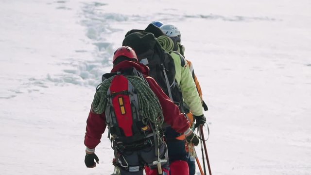 A solid team of climbers in the gear goes into the distance through the snow leaving a trail of