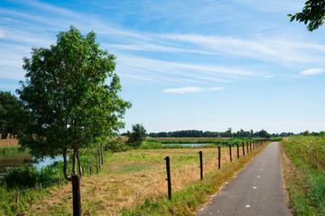 Fototapeta na wymiar landscape with road in fortified city Heusden, The Netherlands. Blue sky, space for text