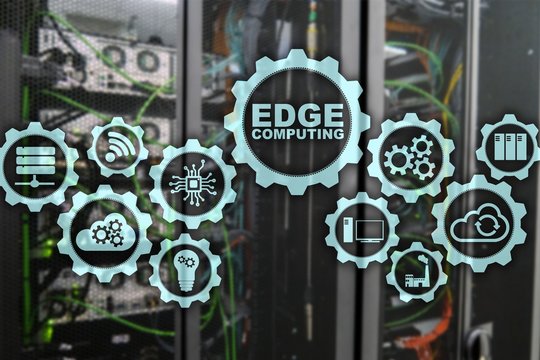 EDGE COMPUTING on modern server room background. Information technology and business concept for resource intensive distributed computing services.
