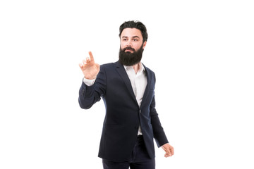 Businessman pressing an imaginary button, isolated on white background