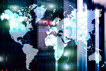 Internet and telecommunication concept with world map on server room background.