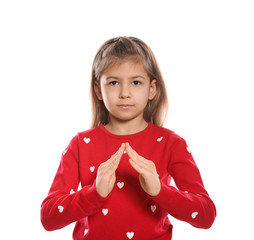 Little girl showing HOUSE gesture in sign language on white background