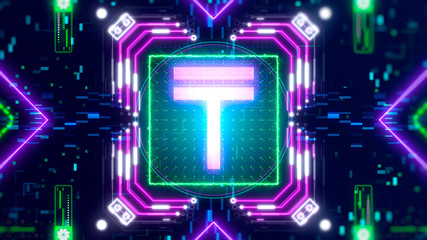Tenge money cyber futuristic symbol. Abstract finance and business 3d render