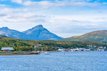 View of Eidkjosen on Kvaloya island in Troms county across the fjord, Norway