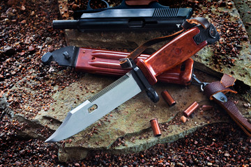 bayonet with a scabbard, a pistol and cartridges on a stone