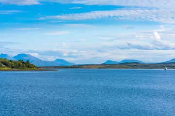 View of the Sandnessundet strait from Hakoya - the 3.69-square-kilometre island located between the islands Kvaloya and Tromsoya in Troms county, Norway.