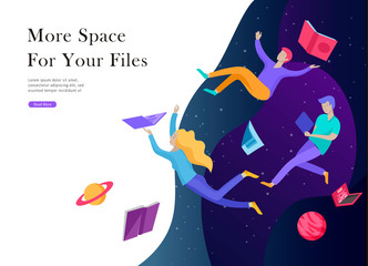 landing page template. Inspired People flying. Create your own spase. Character moving and floating in dreams, imagination and freedom inspiration design work. Flat design style