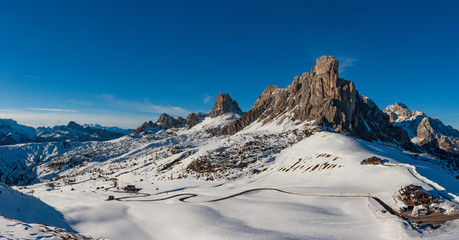 Panorama of Ra Gusela peak in front of mount Averau and Nuvolau, in Passo Giau, high alpine pass near Cortina d'Ampezzo, Dolomites, Italy