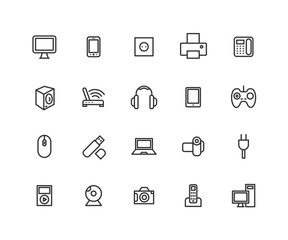 Simple Set of Consumer electronics Vector Line Icons. Contains such Icons as Camera, LCD Monitor, USB and more. Editable vector stroke. 48x48 Pixel Perfect.