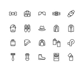 Simple Set of Men accessories Vector Line Icons. Contains such Icons as Glasses, Hat, Boots and more. Editable vector stroke. 48x48 Pixel Perfect.
